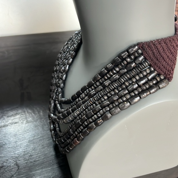 Black Dark Brown Wood Beaded Necklace 8 Strand Rounded Crochet Side Details - Picture 2 of 12